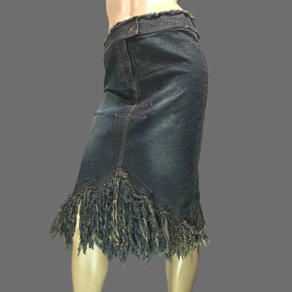 Vintage Parasuco Fringed Denim Midi Skirt Size S Dark Wash Grunge Festival - Picture 4 of 10